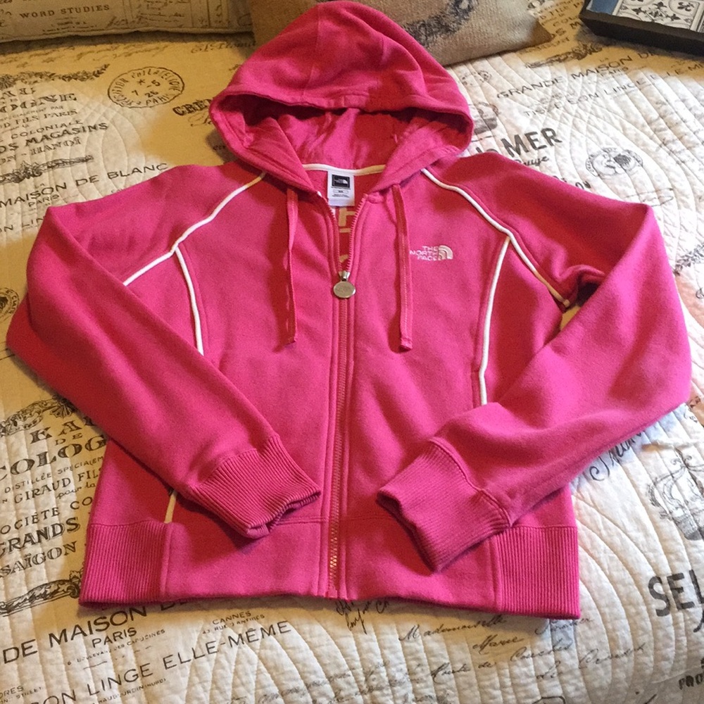 Pink and White Hooded North Face Zip Up Jacket